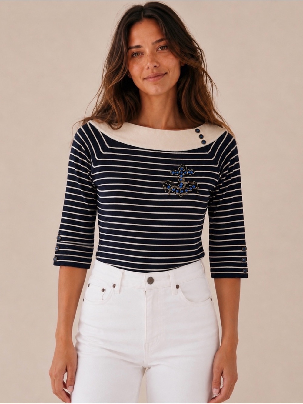 Minkas Navy & White Nautical Boatneck Knit Top Anchor Embroidery Striped Size M